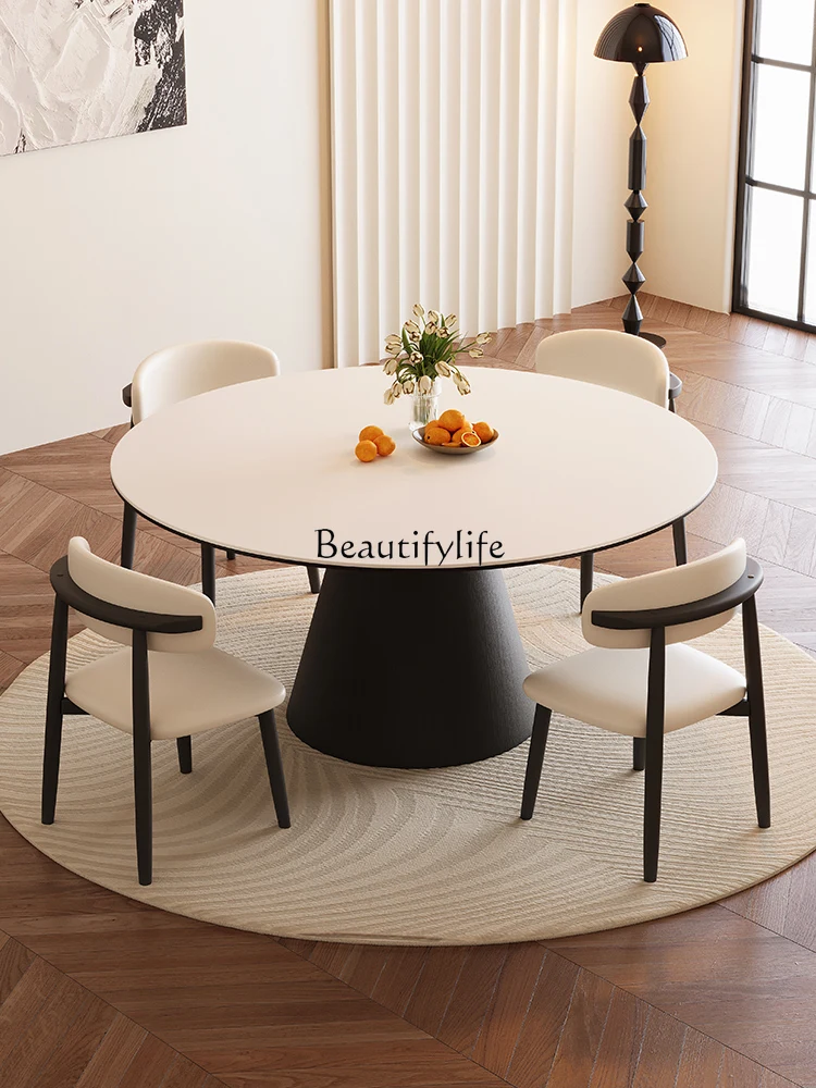 

Cream wind rock slab dining table household round table with turntable Nordic medieval