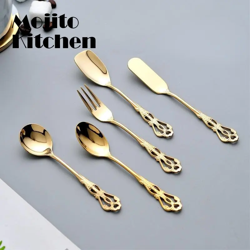 

5PCS European and American Court Noble Gold Knife, Fork Spoon Set High Quality Stainless Steel Commercial Western Tableware