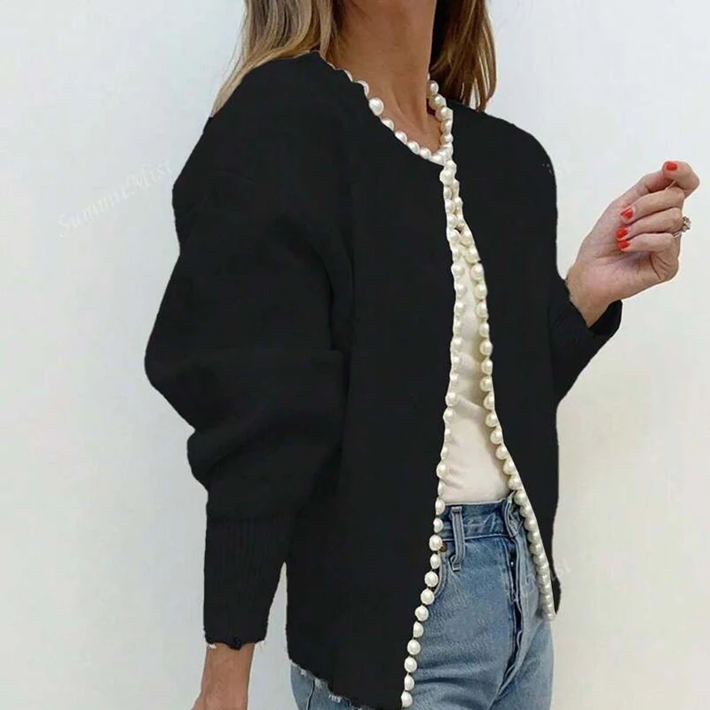 Fall New Crew Collar Beading Decorate Knitted Coat Elegant Solid Color Long Sleeve Women's Cardigans Office Lady Commute Jacket