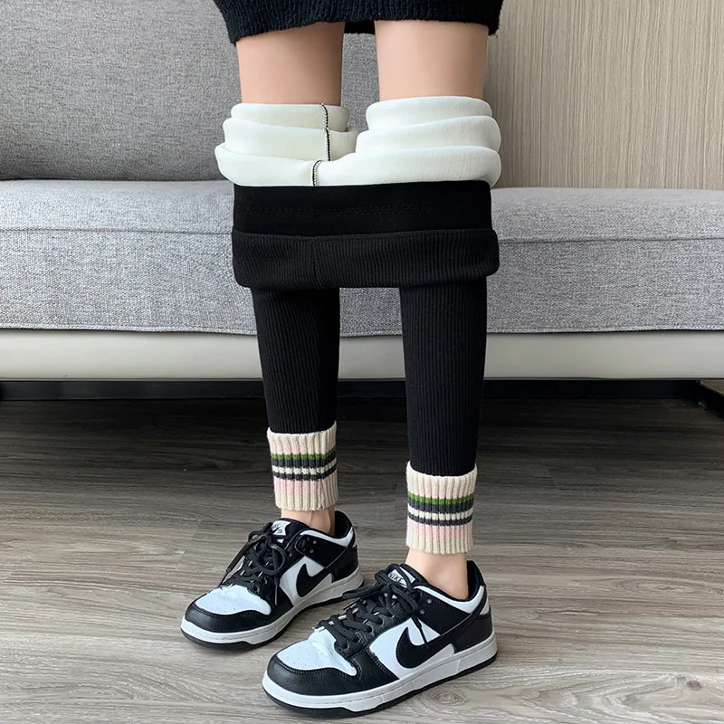 Geribbelde legging dames hoge taille slanke thermische slijtage legging seizoen wollen broek voor herfst winter mode gestreepte warme broek