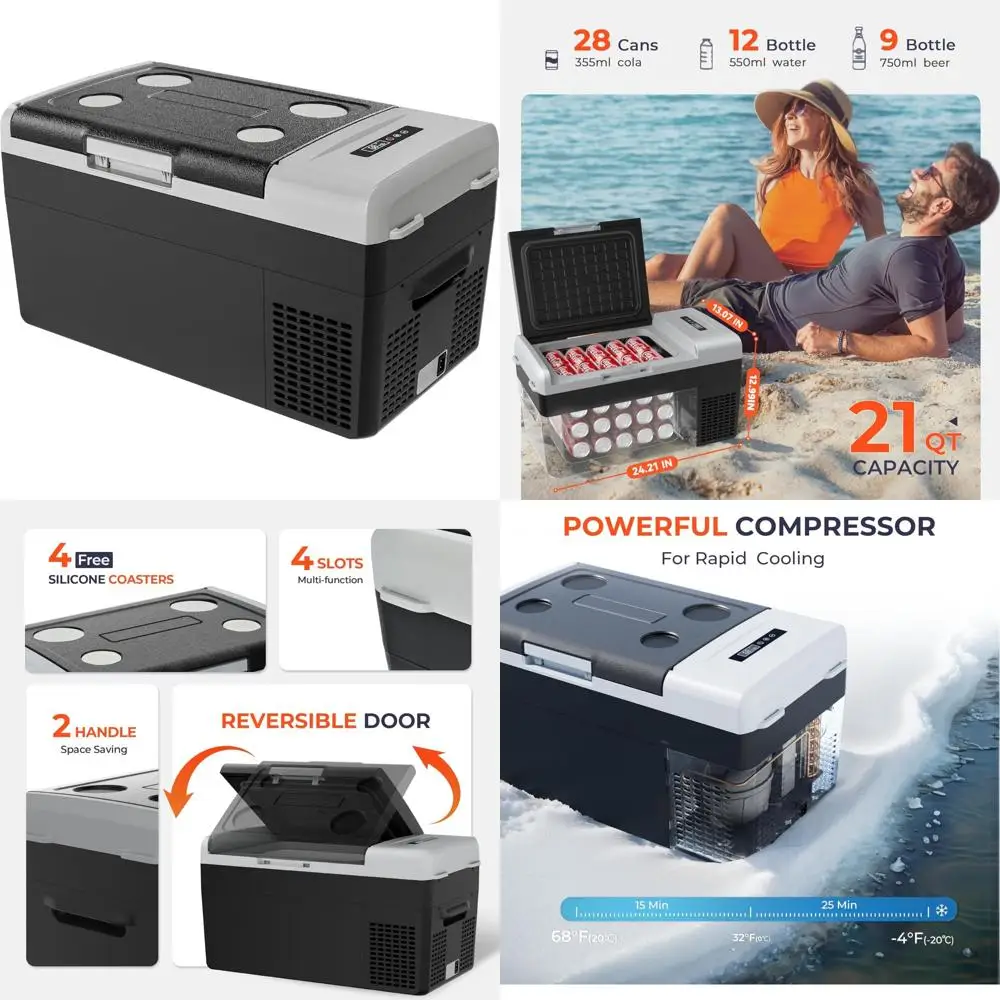 Portable 12V 21-Quart Electric Cooler Compressor Fridge, 12/24V DC and 100-240V AC Car Refrigerator, Temperature Range -4°F to 6