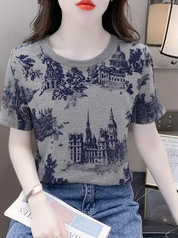 

Casual Loose Mom T-Shirt Short Sleeve round Neck Printed Women's Top Fashionable Versatile Polyester Fiber Summer New Arrival