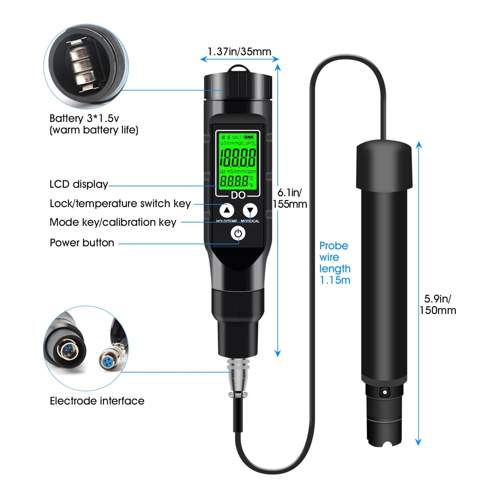 DO Meter 0-40mg/L with Bluetooth & ATC, Dissolved Oxygen Analyzer for Fish Tank Pond Brewing & Aquaculture Water Care & Test