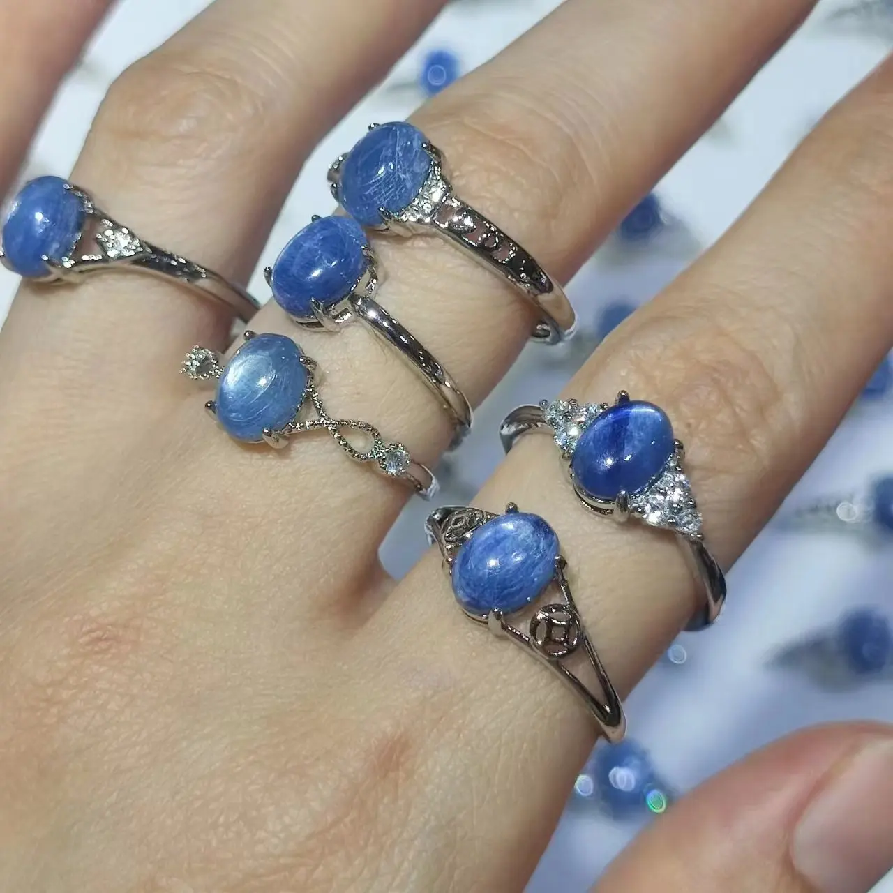 45pcs/lot White copper alloy plated 925 silver set natural kyanite ring Gifts for women size adjustable Exquisite and stylish