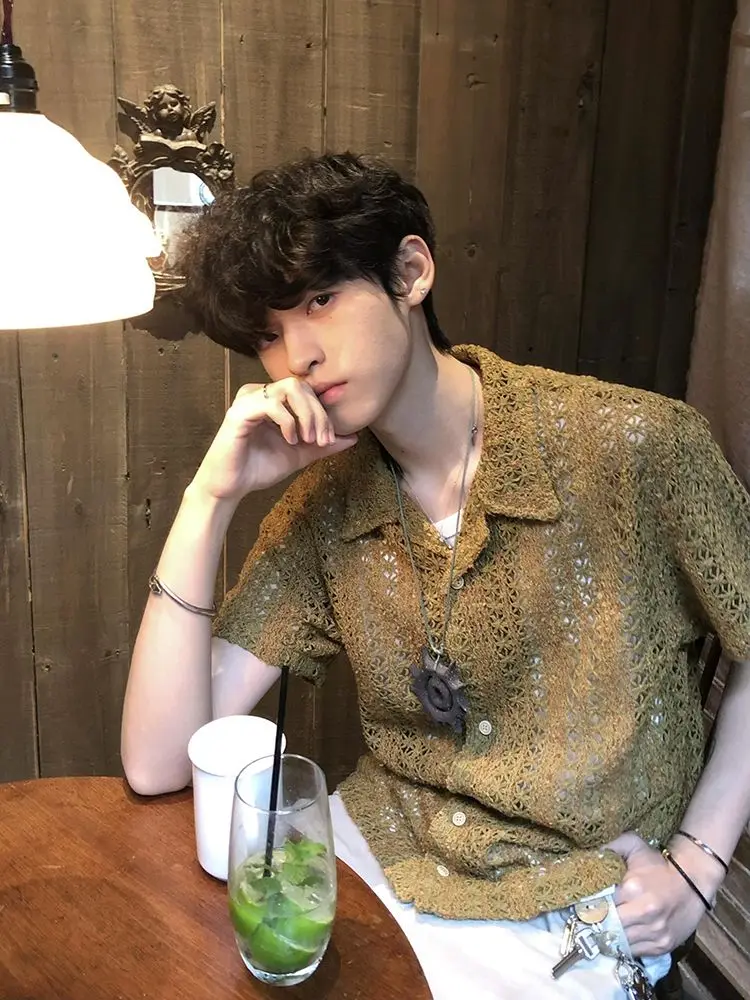 cleanfit brown green hollow sweater short-sleeved shirt jacket men's summer old money cool shirt