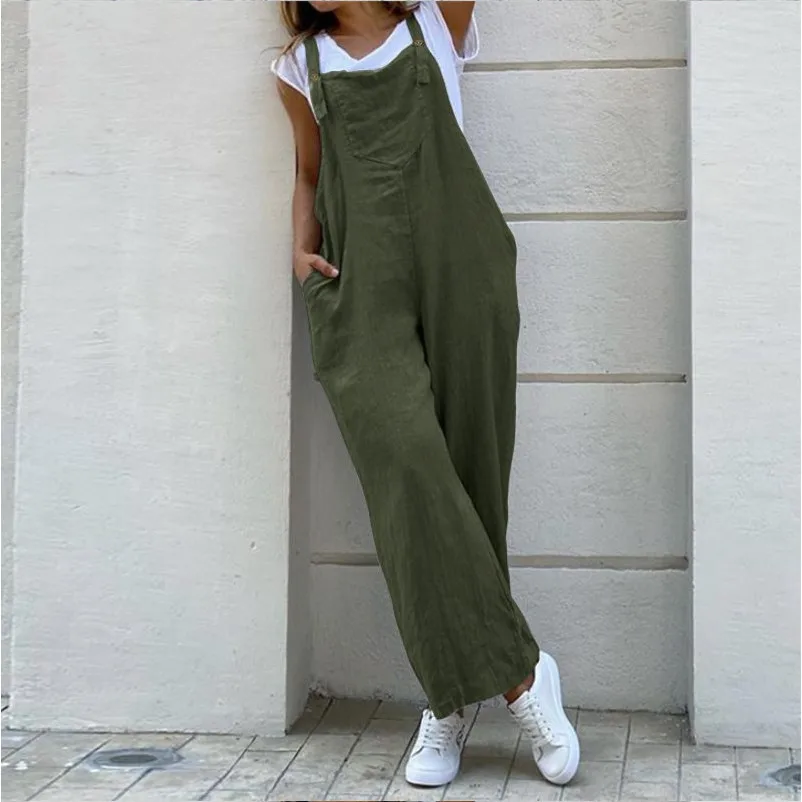 Jumpsuit katun Linen wanita musim panas mode tanpa lengan kaki lebar Romper panjang Solid kasual nyaman Playsuit kasual