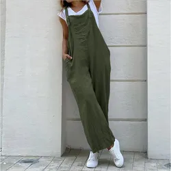 Summer Women Cotton Linen Jumpsuit Fashion Sleeveless Wide Leg Dungarees Solid Long Rompers Casual Comfortable Casual Playsuit