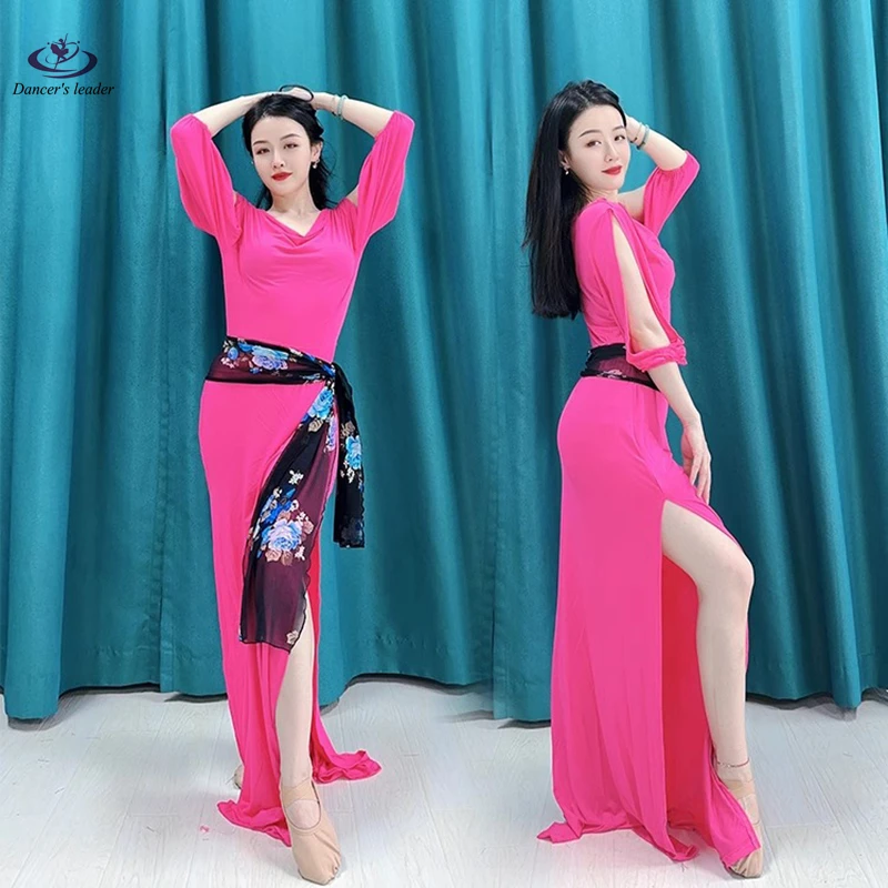 Belly Dance Practice Suit Lantern Sleeve Top Oriental Dance Beginner Walking Stick Robe Plus Size Dance Performance Costume