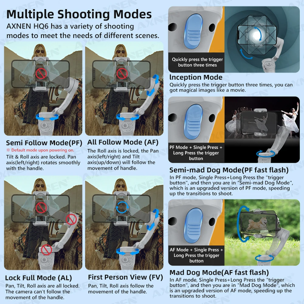 HQ6 3 محاور مثبت مدونة فيديو مضاد للاهتزاز مع ملء الوجه الخفيف بعد لـ TikTok Travel Video Shoot الهاتف المحمول Gimbal