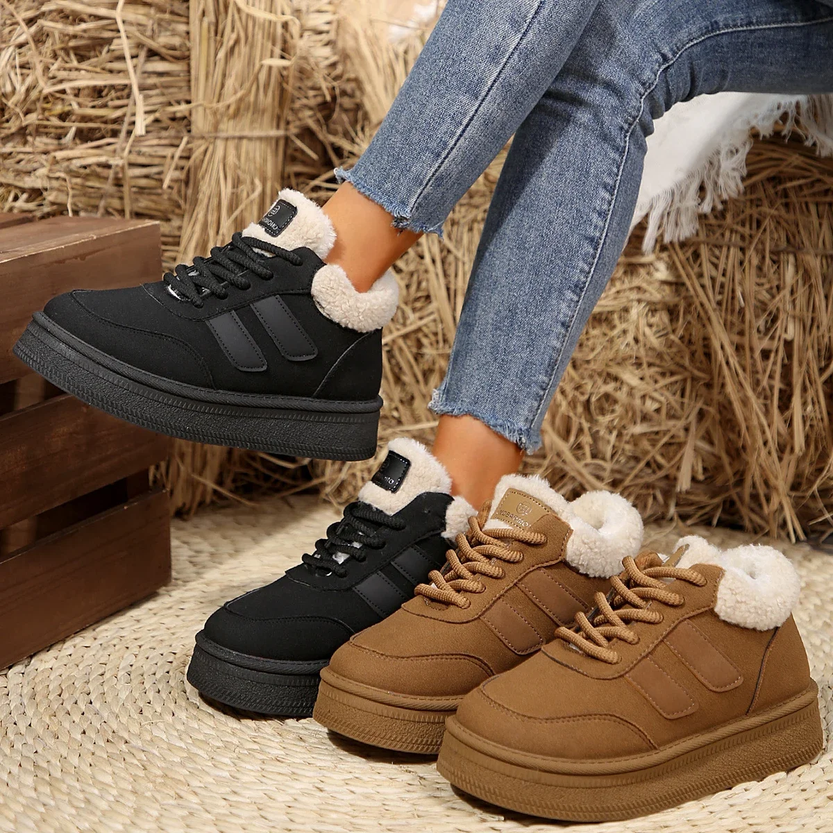 Women Ankle Boots New Fluff Lined Thick Bottom Boots Bread Shoes Round Toe Low Top Shoes Women Winter Warm Comfortable Sneakers