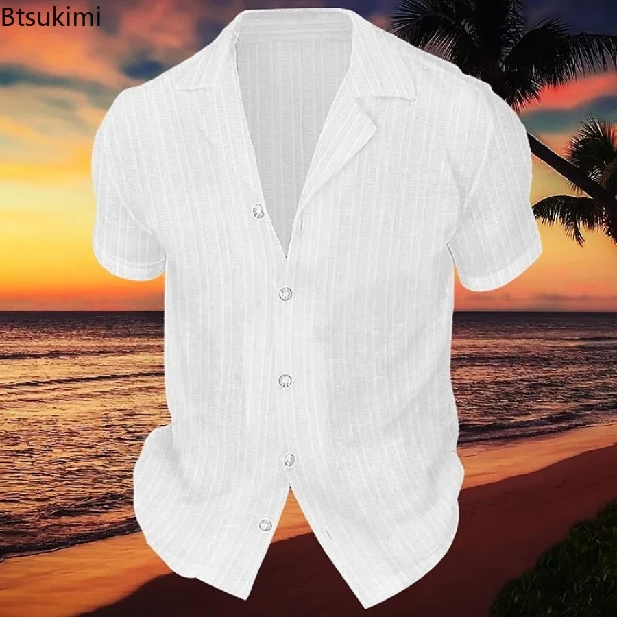 New Men's Solid Color Casual Short Sleeve Shirts Summer Lapel Button-up Striped Cardigan Tops Male Daily Vacation Beach Blouses