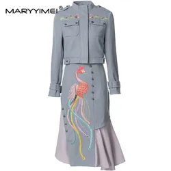 MARYYIMEI Autumn Winter Women's Suit Long-sleeve Stand Collar Tops+Fashion Flounced Edge Skirt Embroidery 2 piece set