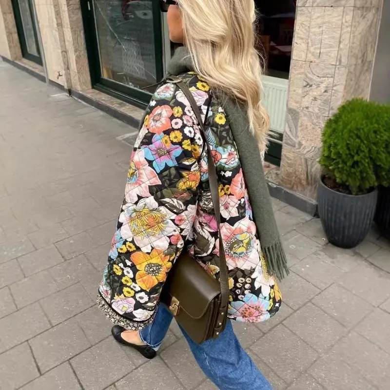 Automne hiver Vintage fleur imprimé coton manteau femmes épais chaud à manches longues matelassé veste femmes vêtements