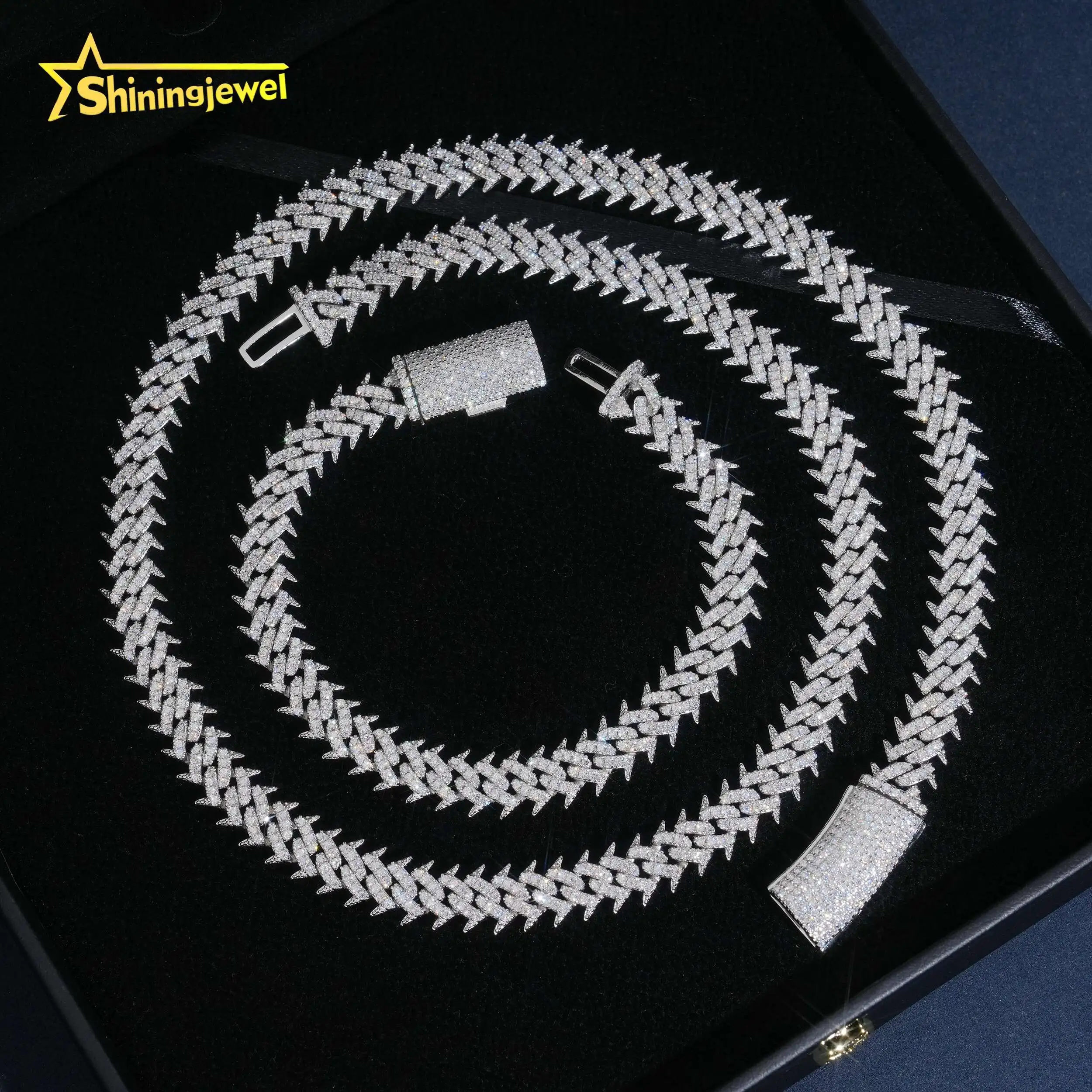 10mm 2 Rows Thorn Design Solid 925 Sterling Silver Iced Out Moissanite Diamond Cuban Link Chain Hip Hop Jewelry Men Necklace...