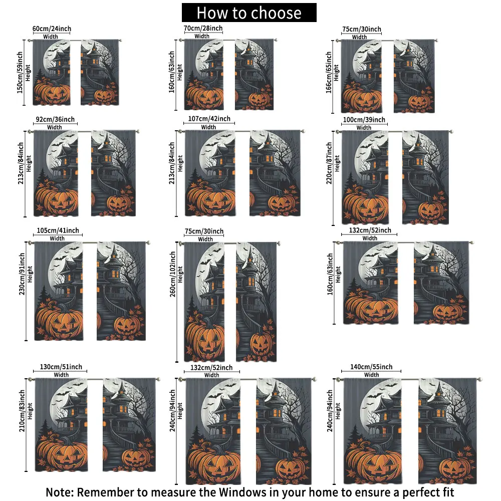 2Pcs Halloween Haunted House Pumpkin Bat Rod Pocket Curtains Double Panel Window Curtain Living Bedroom Horror Halloween Deco