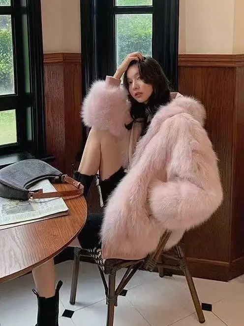 2025 Winter Faux Fox Fur Coat Women Korean Style Short Plush Jacket Rabbit Ear Hooded Trendy Cropped Outerwear