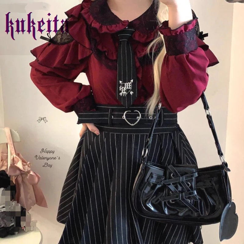 Kukeita Lolita Shirt Women Preppy Style Kawaii Blouses Sweet Lace Peter Pan Collar Ruffle JK Shirt Girl Long Sleeve Blusas Mujer