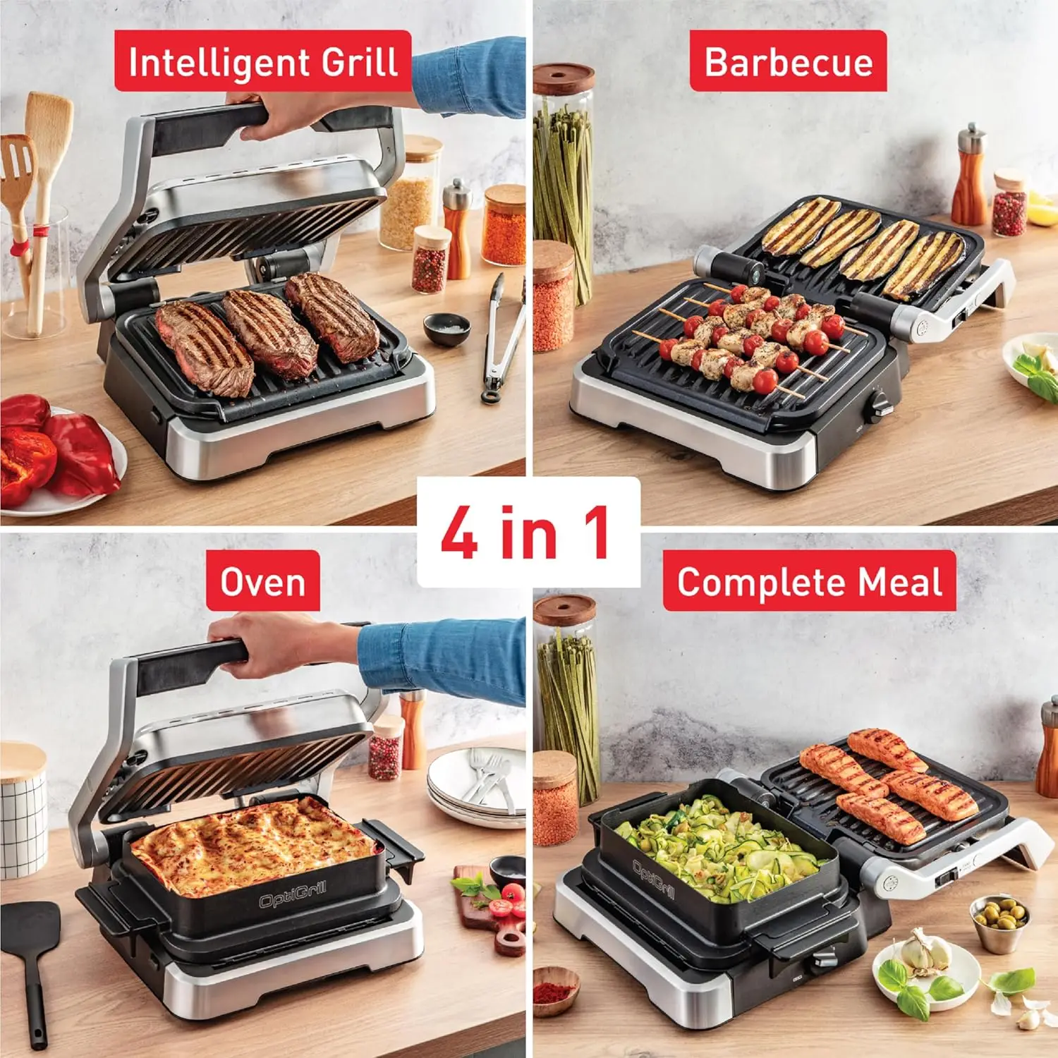 Electric Grill Indoor, OptiGrill 4in1, Stainless Steel, 9 Automatic Cooking Modes, Intelligent Grilling, 1800 Watts, Nons