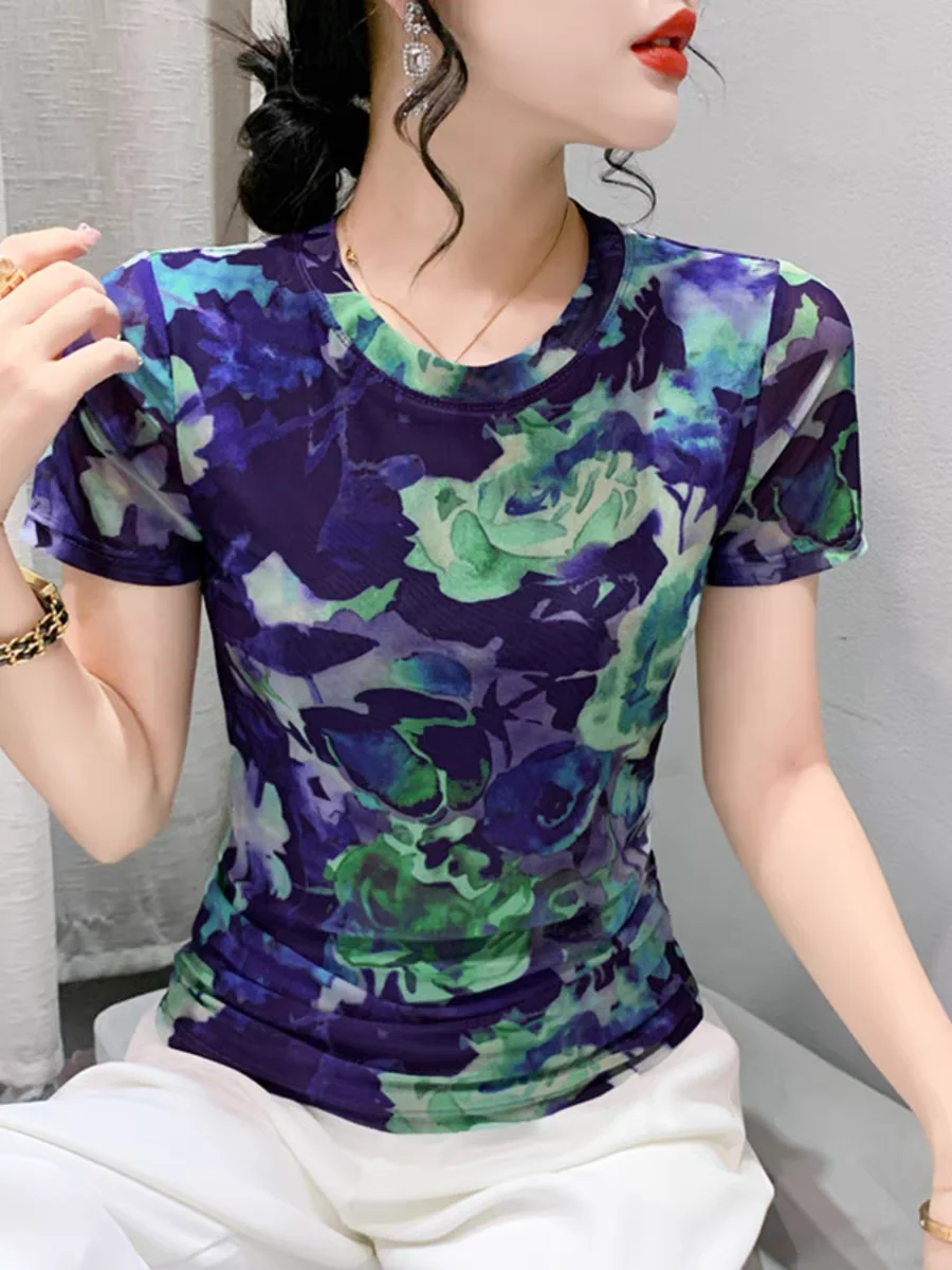 Sommer Mesh T-Shirts Frauen o Hals Kurzarm dünne T-Shirts Dame elegante dehnbare Druck Blumen Tops weibliche T-Shirt