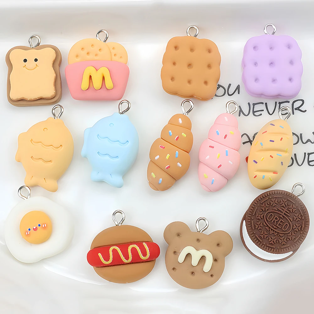 5Pcs Food Pattern Resin Charms Hamburger Bread Cookies Fish for DIY Earring Necklace Keychain Pendant Jewelry Making Findings