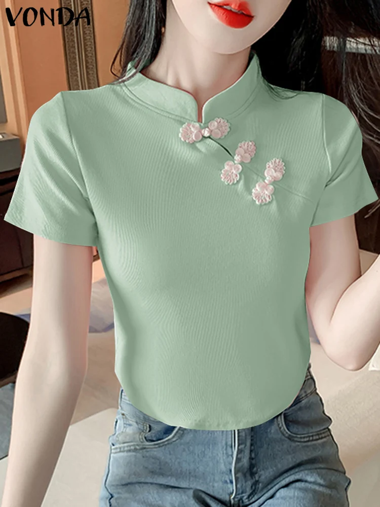 VONDA New Chinese Style Women Shirts Fashion 2024 Summer Tops Blouse Casual Solid Color Tunic Elegant Half High Collar Blusas