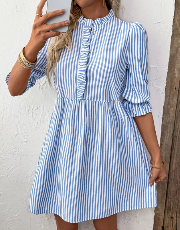 

Элегантные женские свободные платья, летнее женское платье-рубашка в вертикальную полоску для женщин