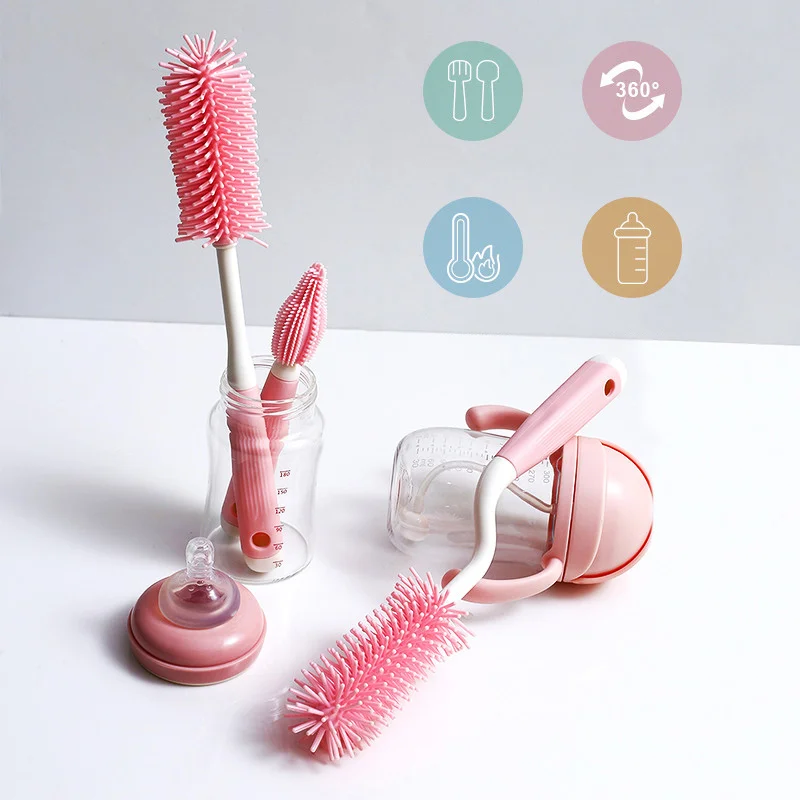 Silicone Bottle Cleaning Brush Set Baby Accessories Long Handle Baby Pacifier Straw Scrubber 360 Degree Glass Cup Cleaner Brush