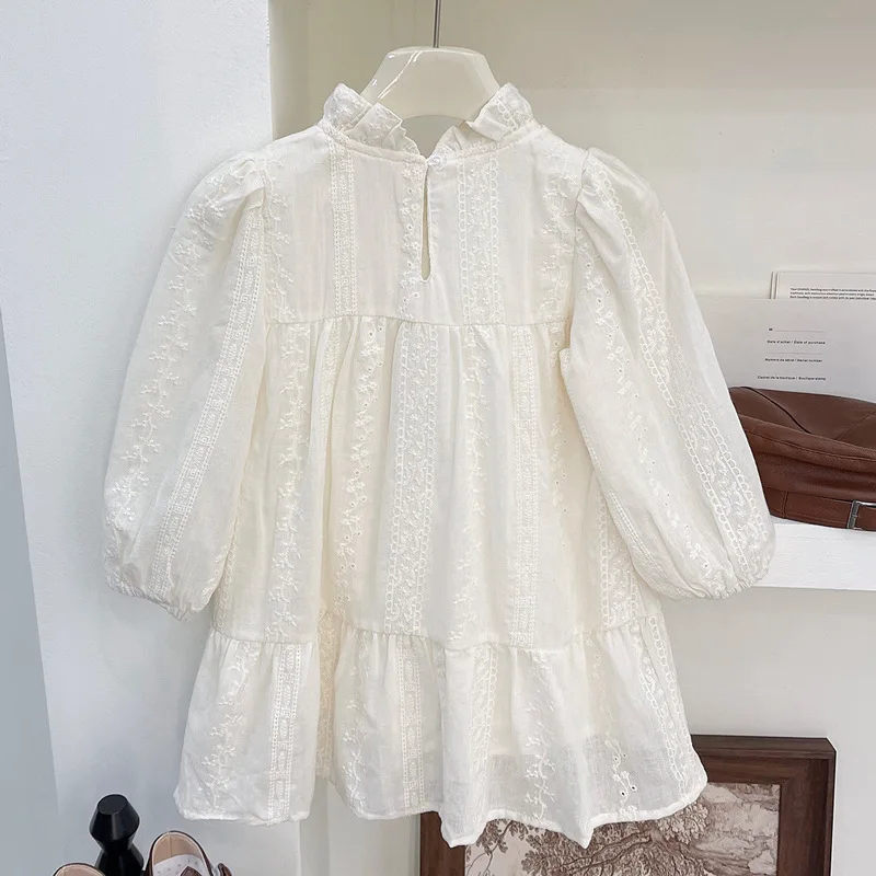 Girls' Spring and Autumn New Lace Embroidered Ruffled Collar Puff Sleeve Princess Dress