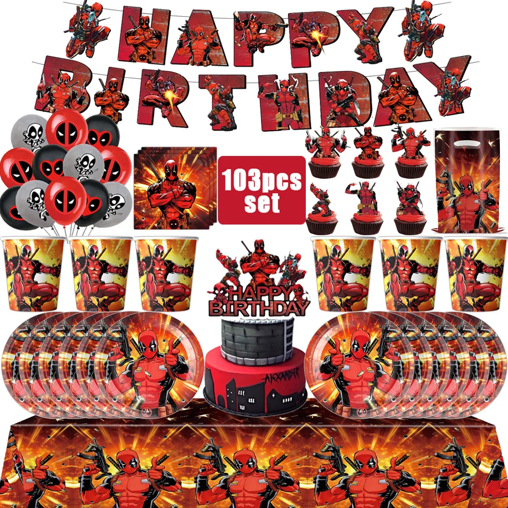 

Superhero Deadpool Birthday Party Decor Disposable Tableware Plate Tablecloth Cake Topper Banner Wolverine Boy Kid Party Supplie