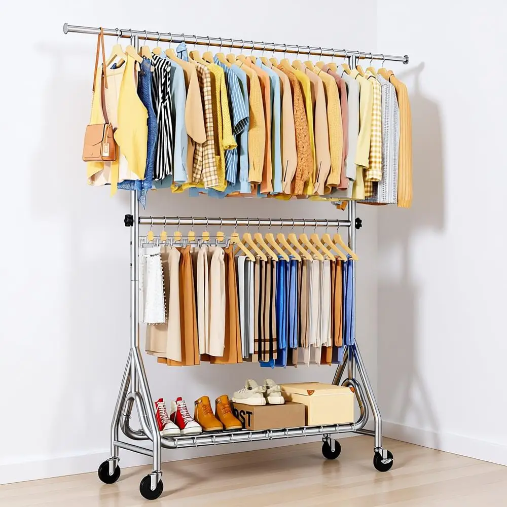 Double Rods Clothing Rack with Lockable Wheels, Rolling Garment Racks with Shelves, Easy to Assemble, Silver