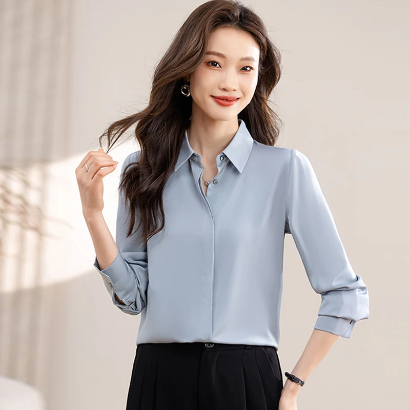 

Simple Solid Color Women Satin Shirts 2025 New Long Sleeve Ladies Office Formal Blouse Casual Tops Fashion Women Clothes