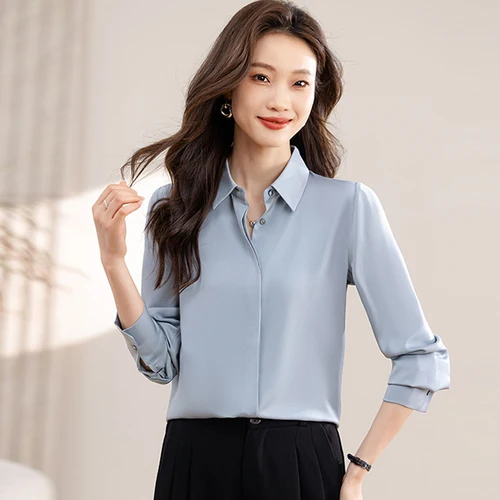 Camisas de satén simples de Color sólido para mujer, blusa Formal de oficina de manga larga para mujer, Tops informales, ropa de moda para mujer 2025