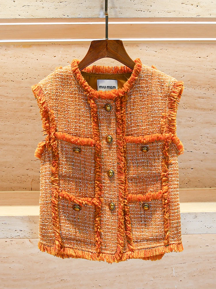 

High-End Autumn Design Tassel Rough Tweed Vest Short Outerwear for Women Commute Style round Neck Single Button Fastening