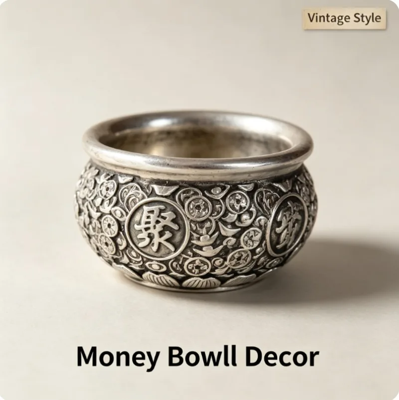Vintage Money Bowl Decorative Figurine Resin Treasure Bowl Statue Silver Tone Relief Craft Ornament for Home Desktop Shelf Decor