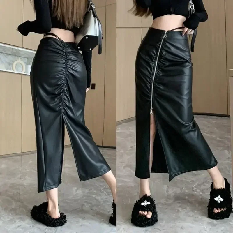 Chic Pleated Black Matte Leather Skirt Women High Waist Vintage Stretch PU Straight Skirt Front Zip High Split Midi Skirt Custom