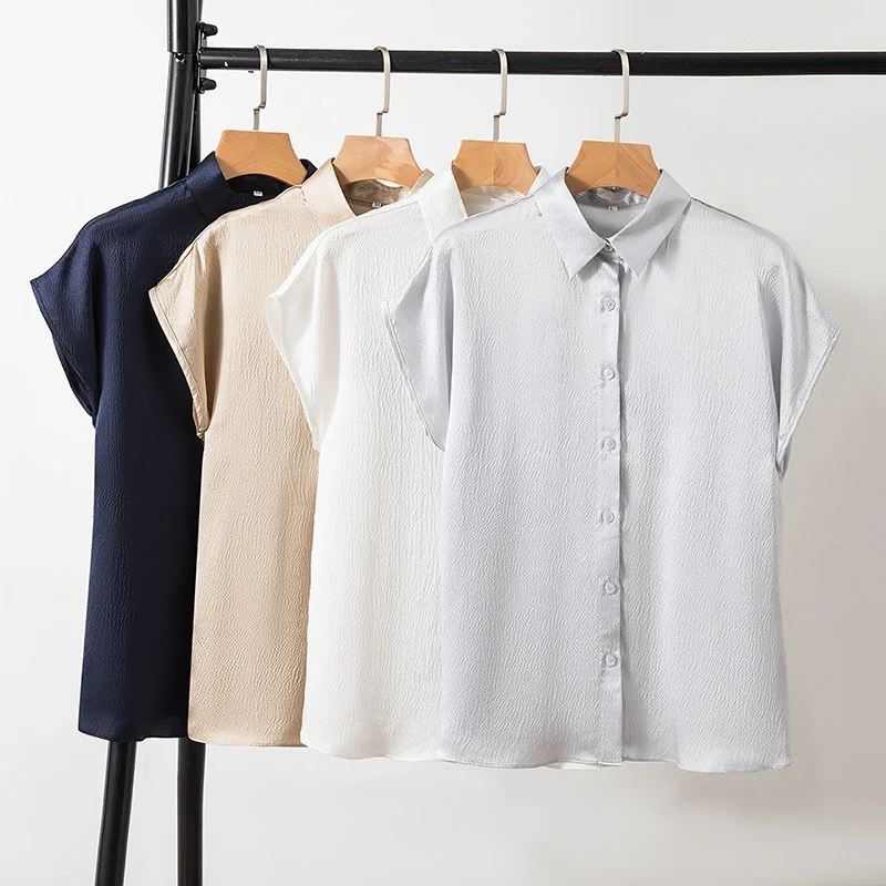 

Women 100% Mulberry Silk Pearl Silk Champange White Collared Short Sleeve Buttons Down Shirt T-Shirt Top Blouse Summer QQ022