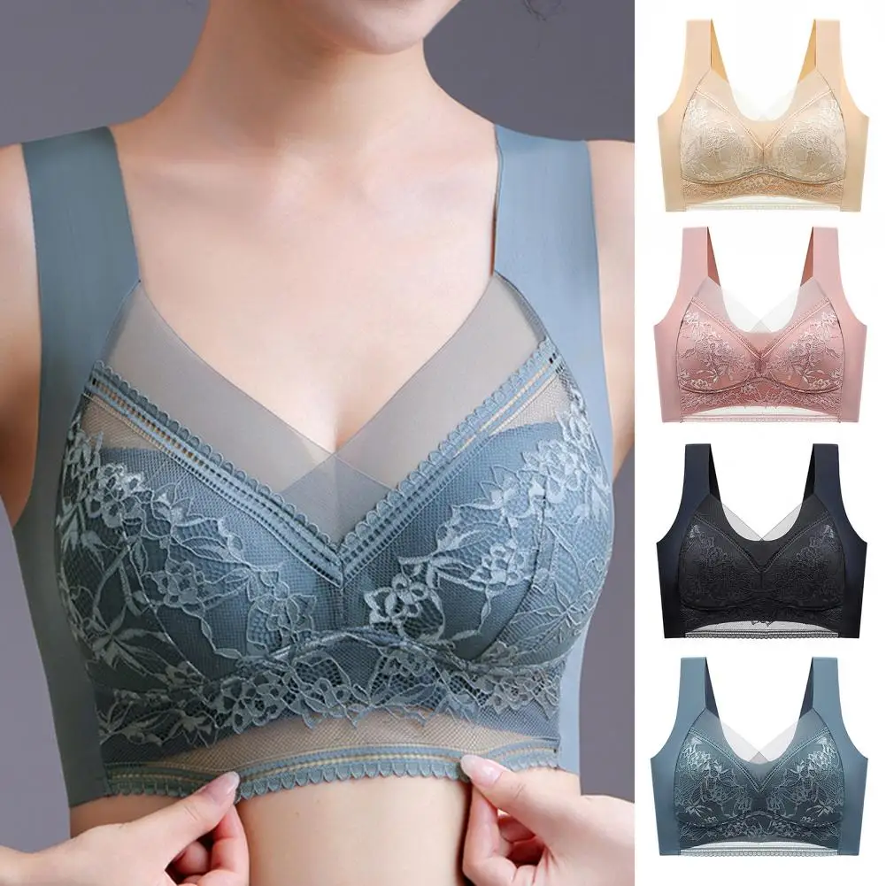 Women Bra Wide Shoulder Strap Lace Mesh Plus Size Brassiere Shockproof Push-up Anti-snagging Wireless Yoga Daily Bra Underwear