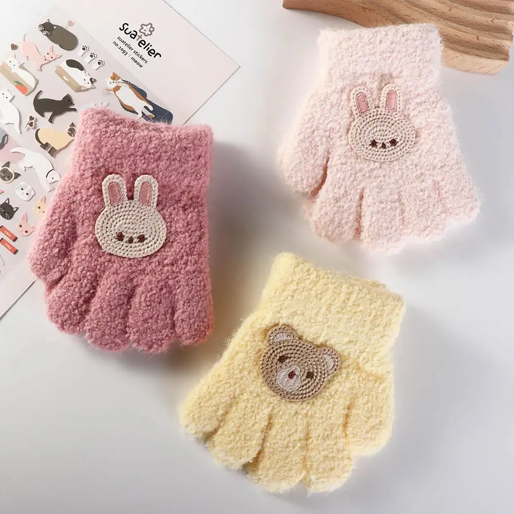 1 pair Autumn Bear Baby Fluffy Gloves Rabbit Korean Style Cartoon Pattern Gloves Solid Color Full Finger Knitted Mittens Kids