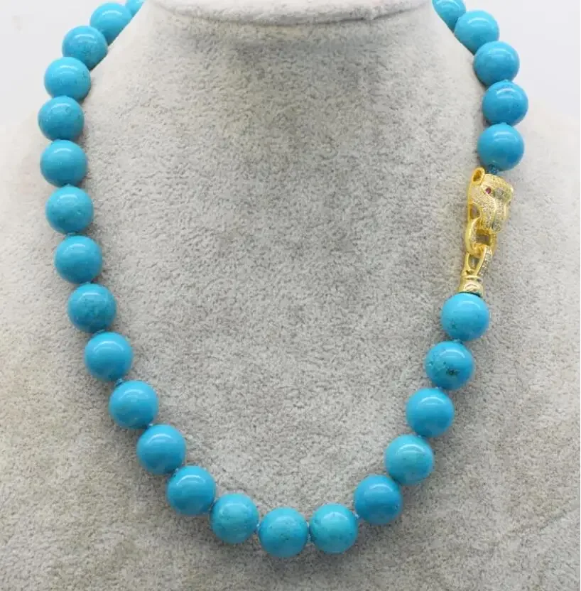 

blue turquoise necklace round 12mm 18inch; nature wholesale and yellow leopard clasp hook