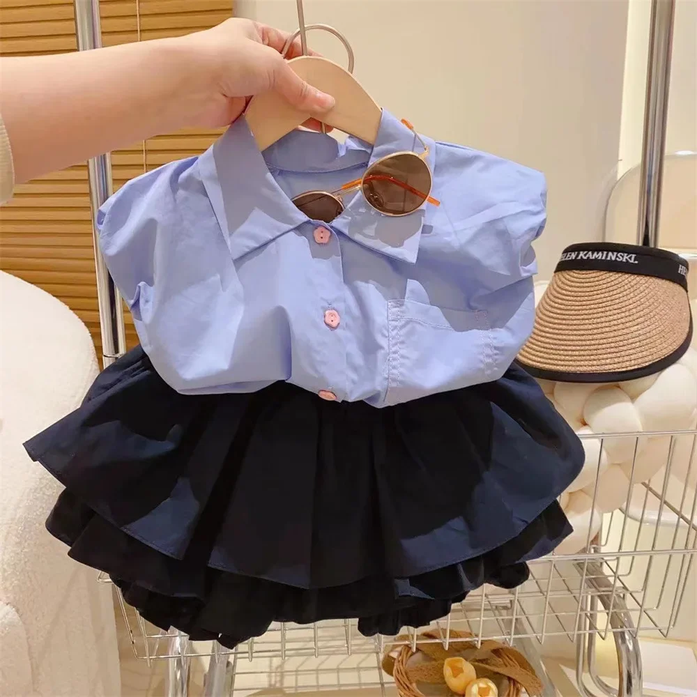 Girls' Set 2025 New Children's Fashion Blue Sleeveless Shirt Cardigan Top Elastic Waist Flower Bud Skirt Pants Two Piece Set