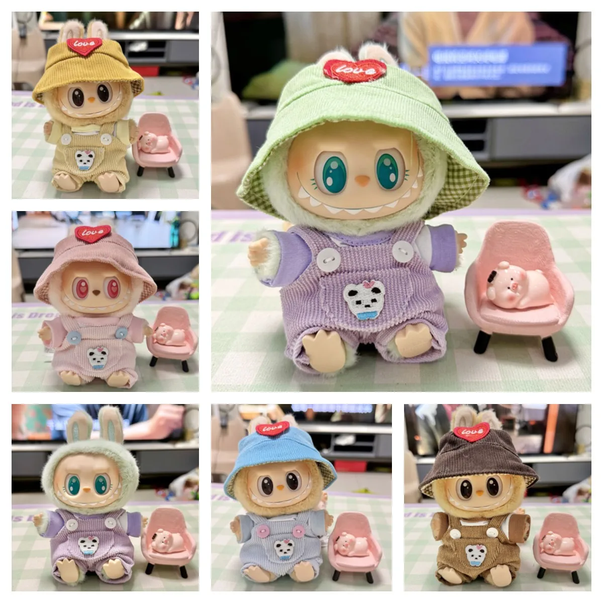 Mini Plush Doll'S Clothes Outfit Accessories For Labubu V1 V2 Idol Dolls sitting party Pocket overalls hat set Clothing Gift