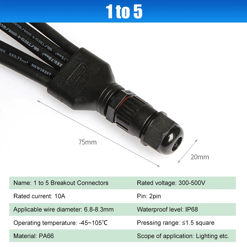 IP68 2Pin Lock Screw Type Connection Waterproof Connector One Out Two Out Three to Four Out Five LED Outdoor Tee Connector