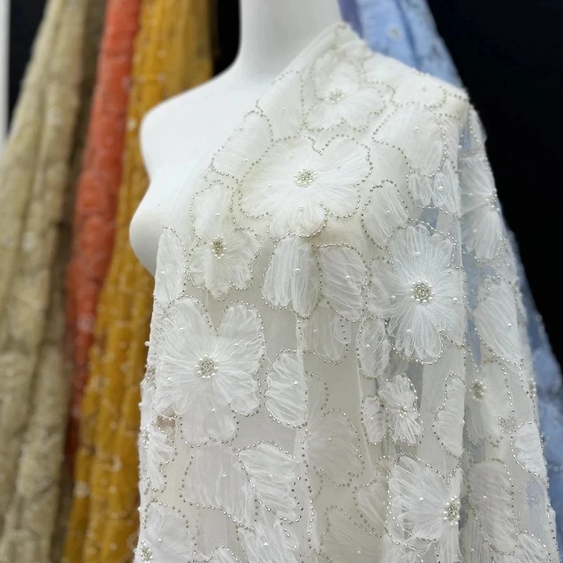 

Madison White Latest African Sequins Lace Fabric 2025 High Quality Lace Embroidery Beaded Mesh Fabric 5 Yards For Wedding Party