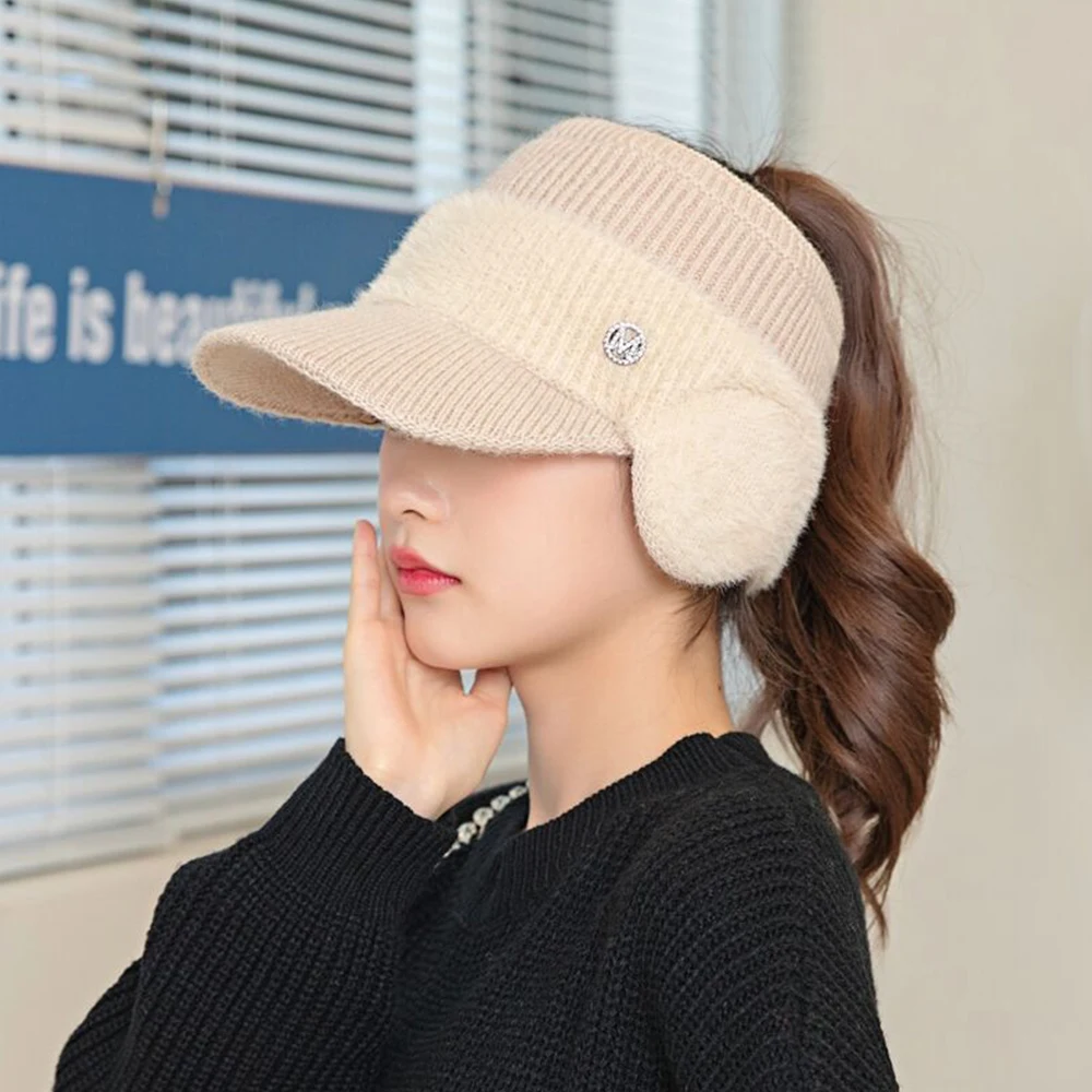 Winter Hats For Women Winter Warm Earflaps Knitted Ponytail Hats Outdoor Cycling Ear Protection Warmth Peaked Cap Baseball Caps