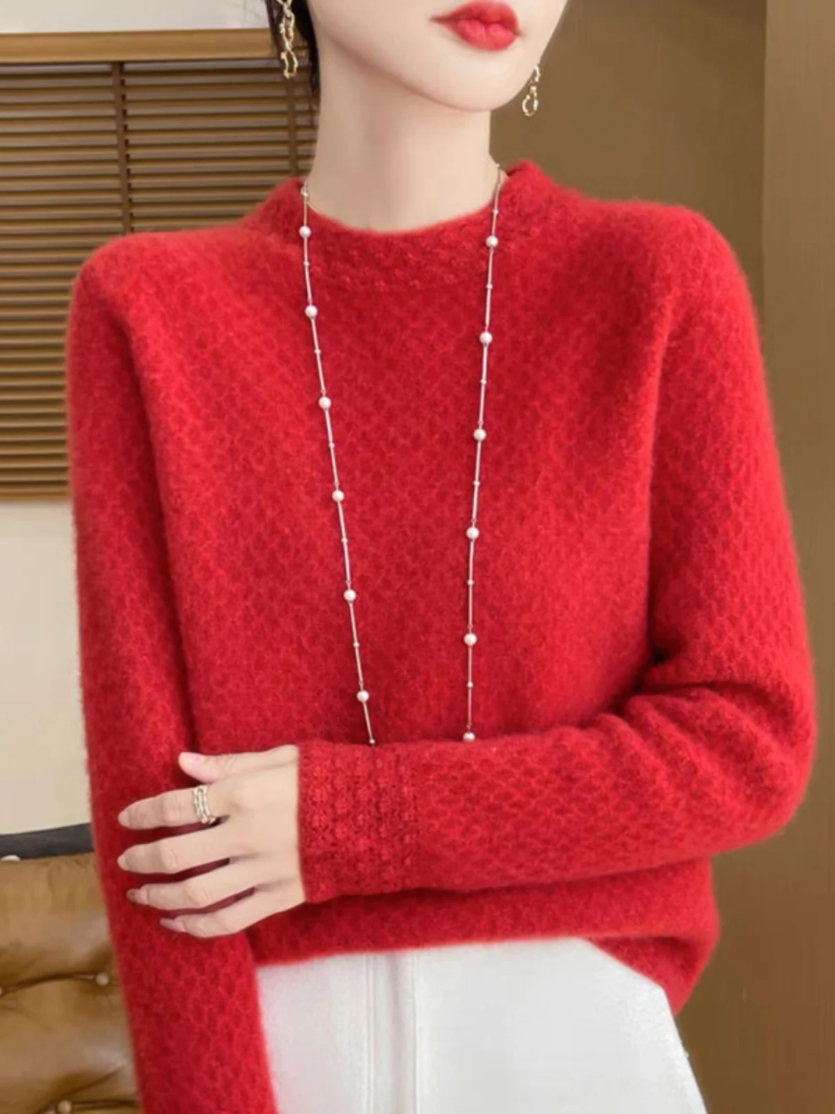 

Red Half-High Collar Knitted Sweater Women's Base Layer Shirt Autumn Winter 2024 New Fashion Warm Inner Wear Stylish Knit Top