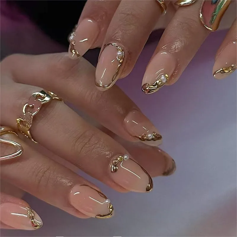 

Short Almond Press on Nails with French Tip & 3D Gold Line Pearl Charms, Glossy Full Cover Acrylic False Nails for Women Fall