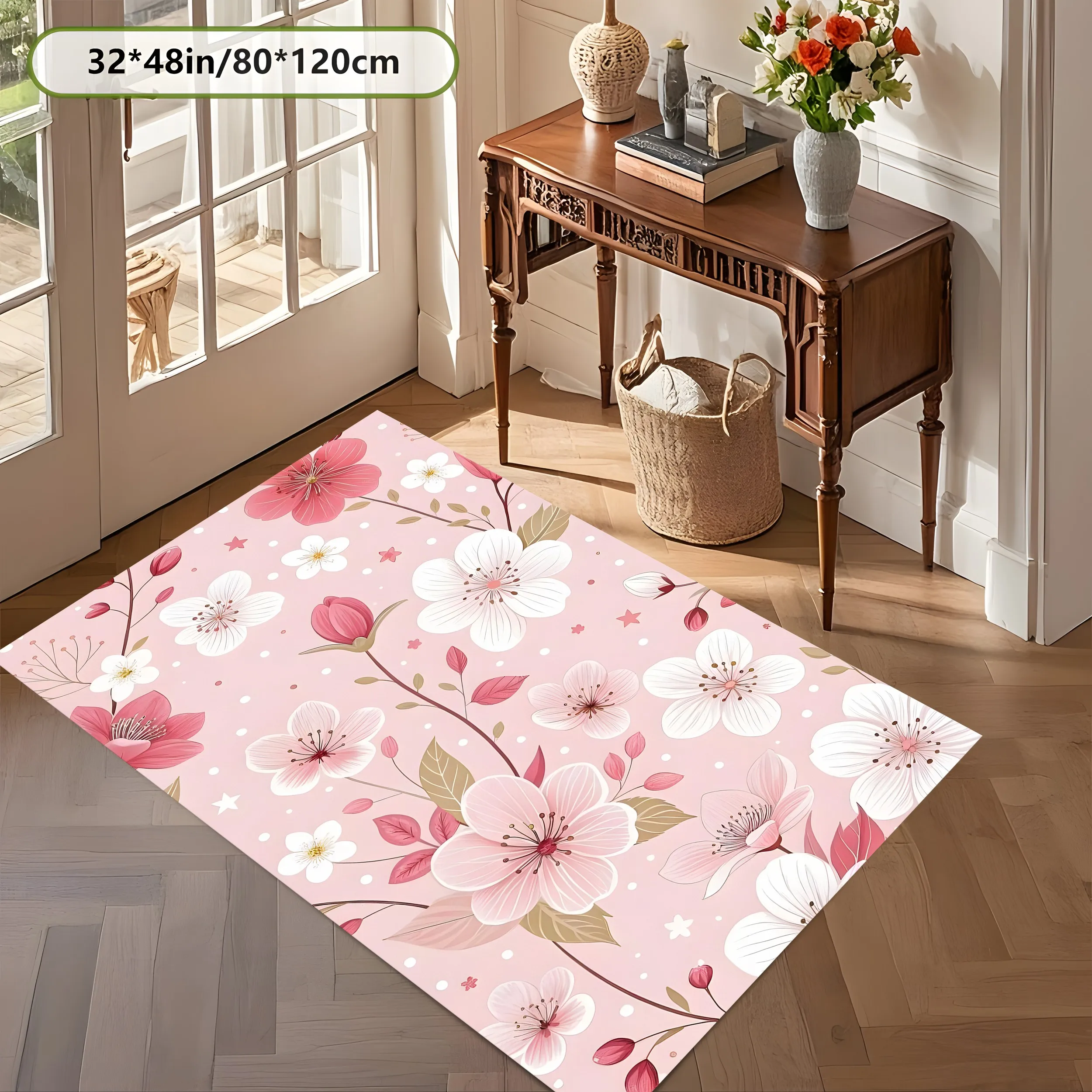 2D Large Carpet Pink White Cherry Blossom Branch Soft Soothing for Living Room Bedroom