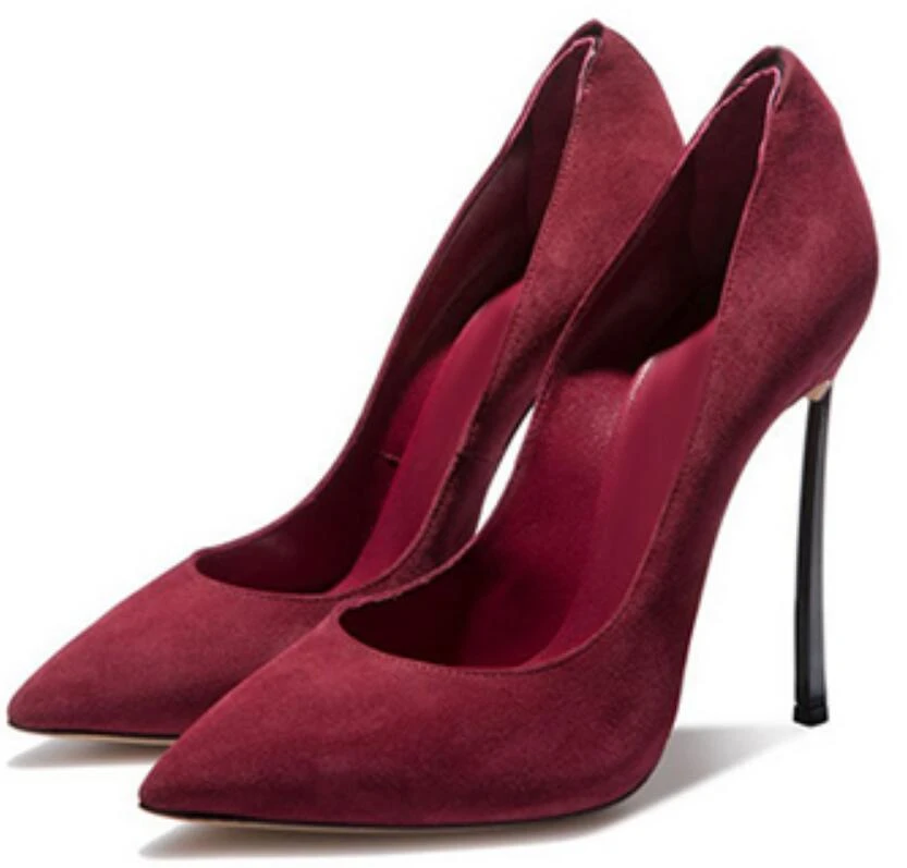 Women Pointed Toe Blade Pumps Metal High Heels Burgundy Blue Suede Stiletto Court Heeled 10cm Pumps Slip-on Office Lady Shoes
