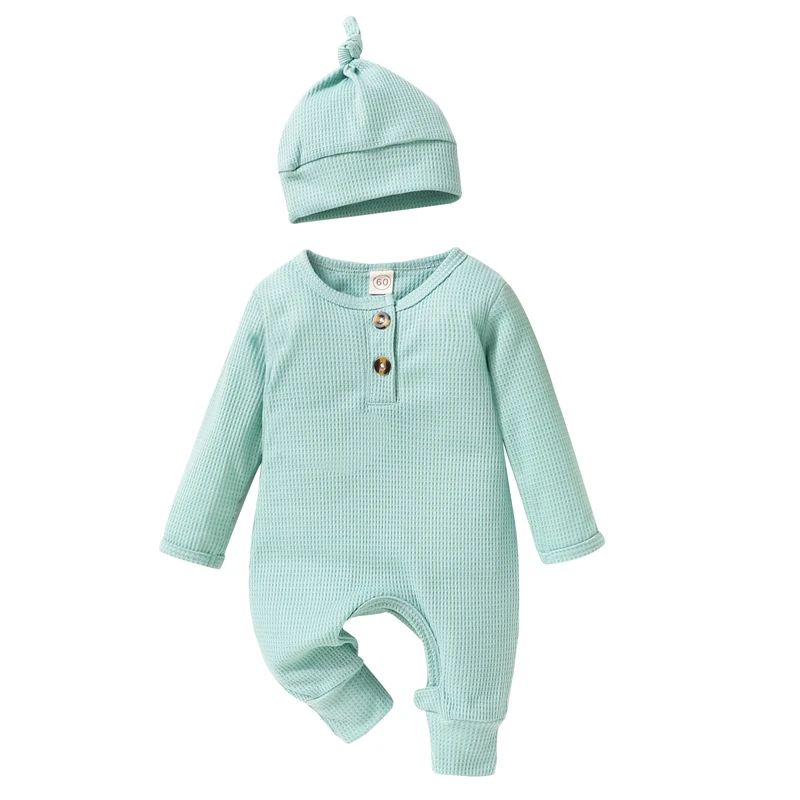 

Infant Boys Girls Clothes Set Newborn Baby Romper Hat Ribbed Knit Long Sleeve Button Solid Bodysuit Jumpsuit