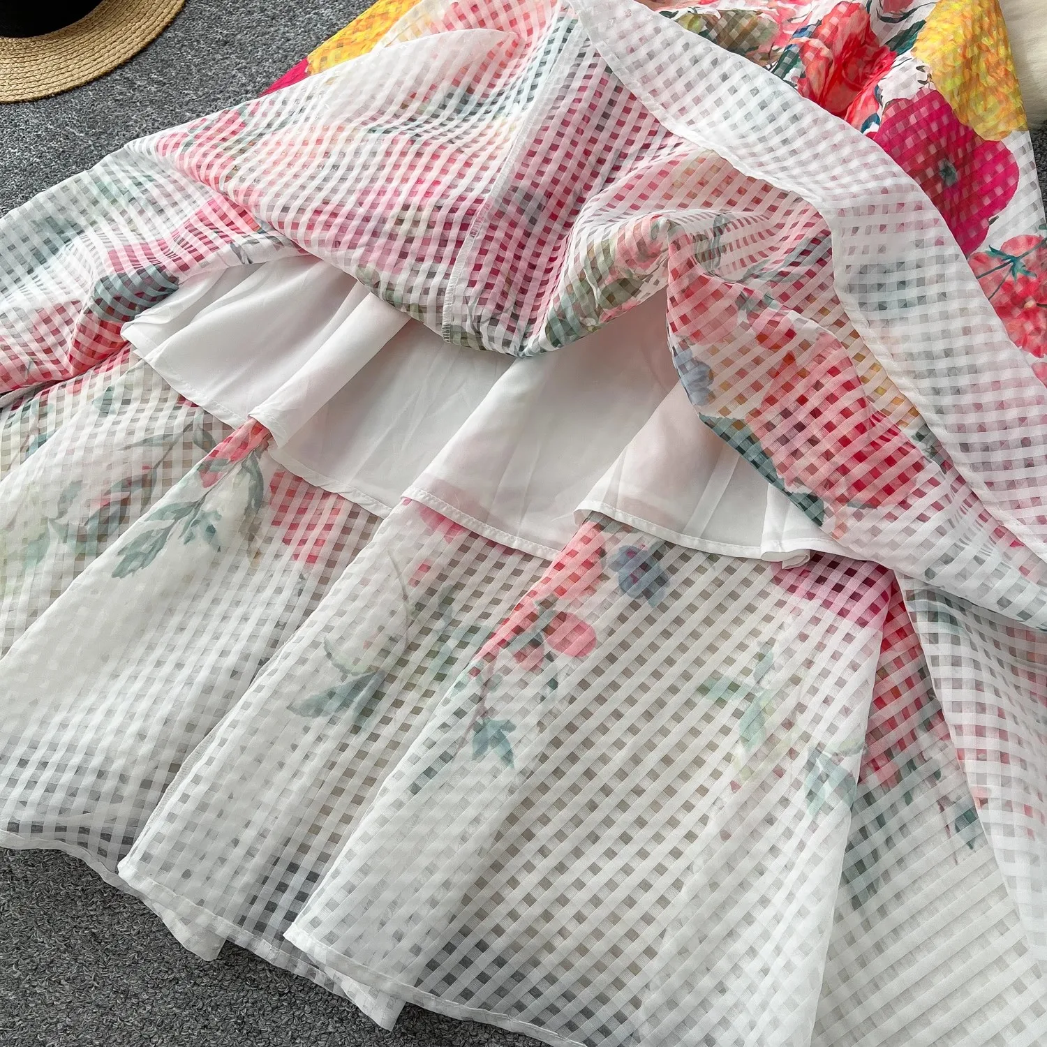 Summer Bohemian Gorgeous Flower Chiffon Maxi Dress Women's Bow Tie Short Puff Sleeve Floral Print Holiday Boho Long Robe Vestido